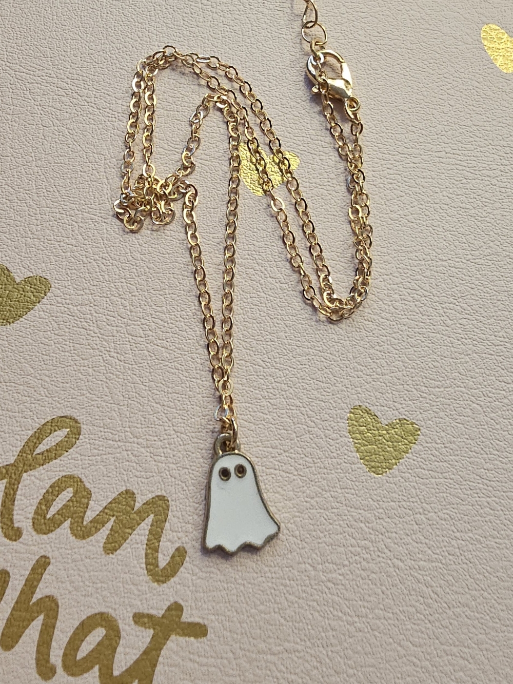 Cute White Ghost Pendant Necklace - Gold Tone Chain - Picture 1 of 3